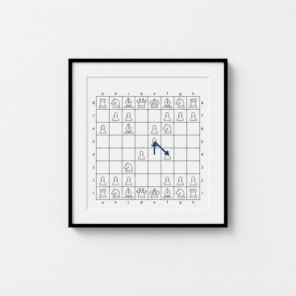 A framed print of a chess board move hanging on a wall.