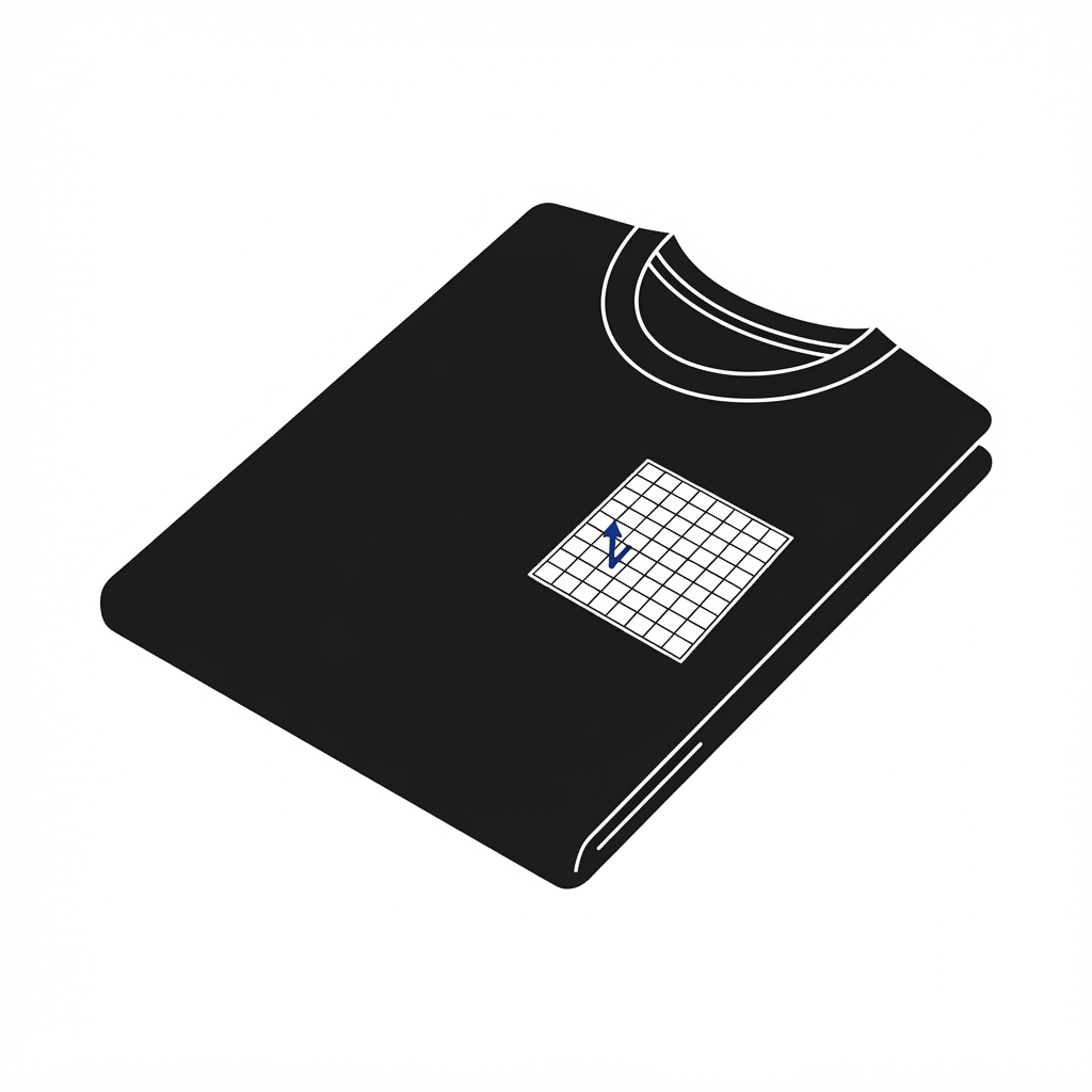 A folded black t-shirt with a small chess board move printed on the chest.